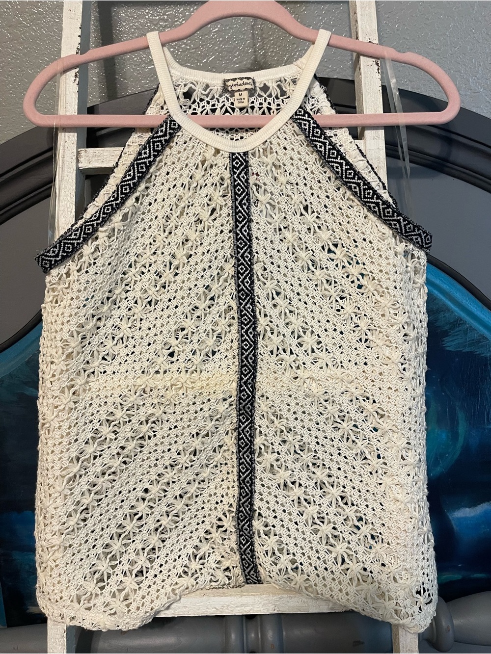 Eyeshadow Cream Crochet Halter Top with Black Trim